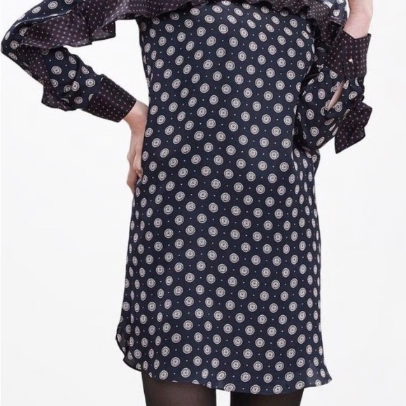 Banana Republic Navy Silk Dress with Geometric Red & White Pattern. - Picture 2 of 13